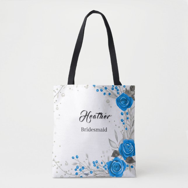 Blue and white Rose Bridesmaid tote Bag (Front)