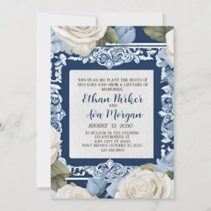 Blue and White Rose Wedding Design Invitation