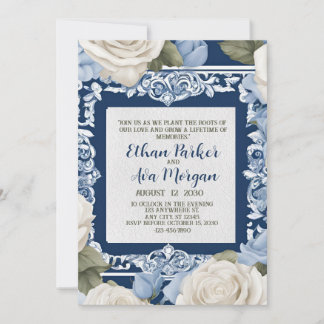Blue and White Rose Wedding  Design Invitation