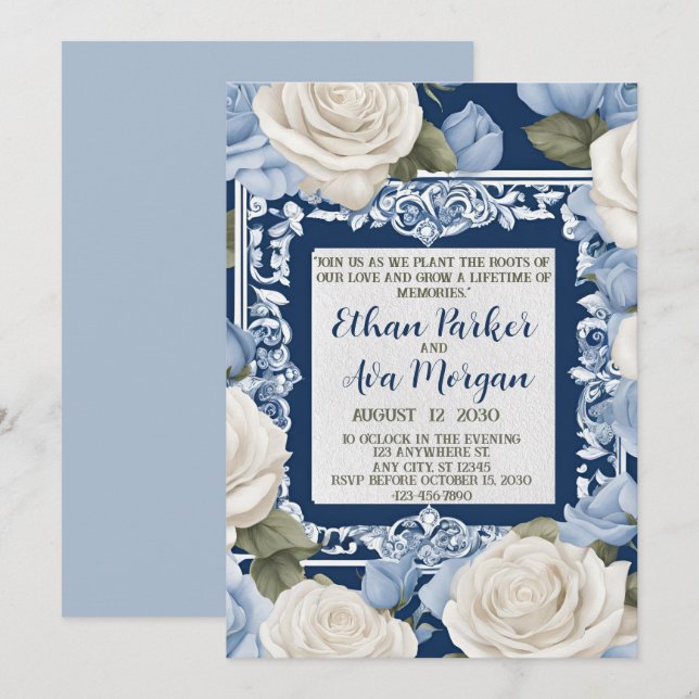 Blue and White Rose Wedding  Design Invitation (Front/Back)