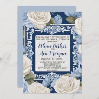 Blue and White Rose Wedding  Design Invitation