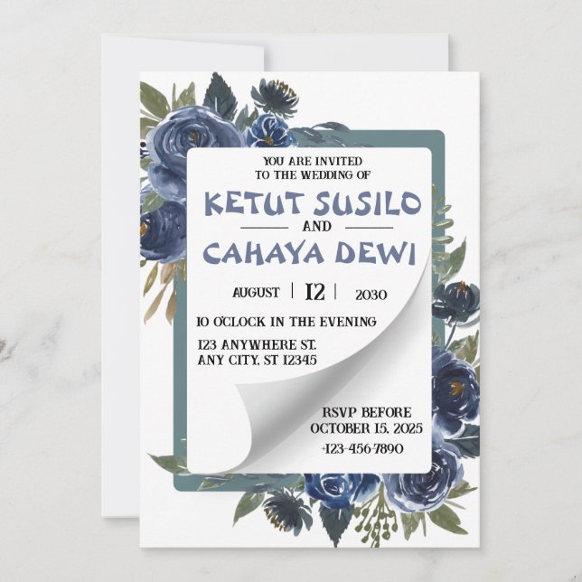 Blue and White Rose Wedding  Design Invitation (Front)