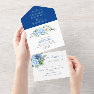 Blue and White Roses and Dahlias Wedding All In One Invitation