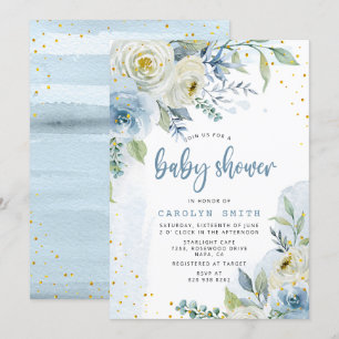 Blue and White Roses Floral Gold Foil Baby Shower Invitation