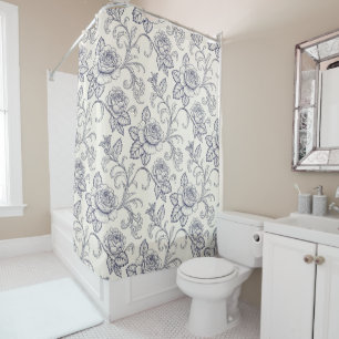 Blue and white roses flower country shower curtain