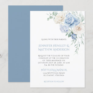 Blue and White Roses, Peonies Wedding Invitation