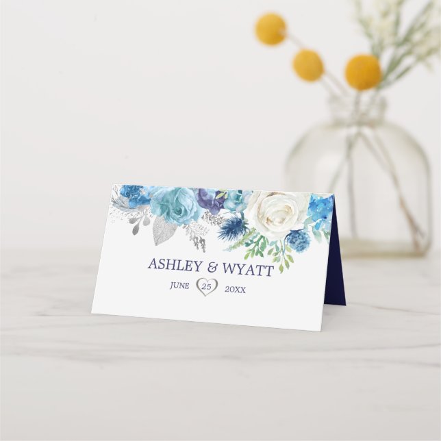 Blue And White Roses Place Card (Back)