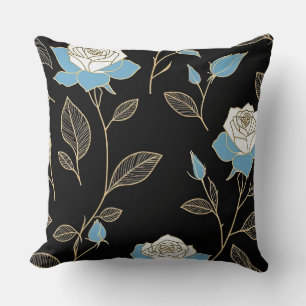 Blue and White Roses with Gold trim Cushion