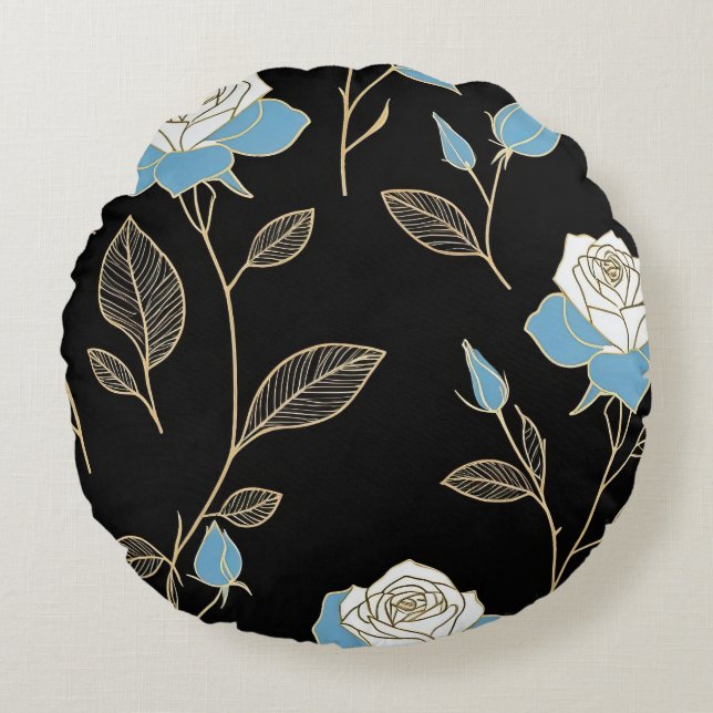Blue and White Roses with Gold trim Round Cushion (Front)