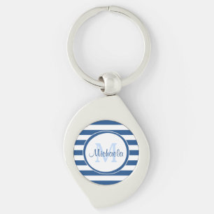Blue and White Rugby Stripes With Girly Monogram Key Ring