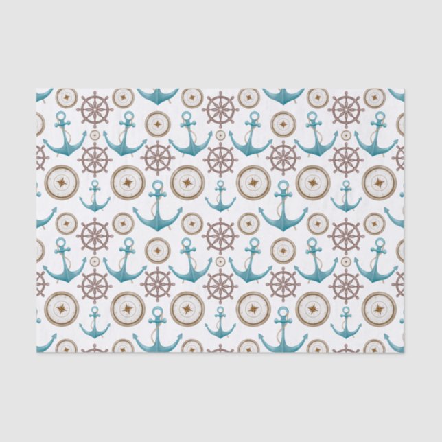 Blue And White Sailing Anchor Nautical Tissue Paper (Front)