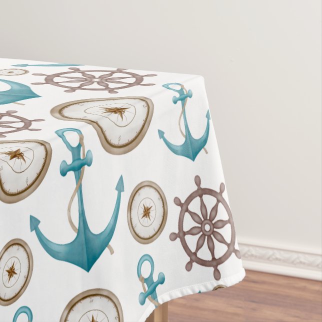 Blue And White Sailors Anchor Nautical Tablecloth (In Situ)