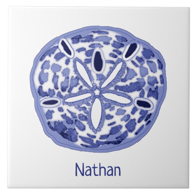Blue and white sand dollar with name ceramic tile (Front)