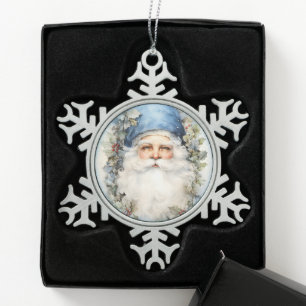 Blue and White Santa Claus Snowflake Pewter Christmas Ornament