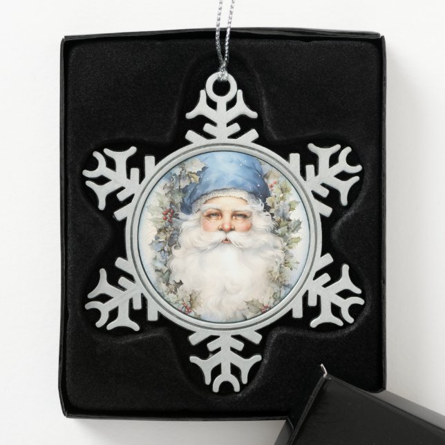 Blue and White Santa Claus Snowflake Pewter Christmas Ornament (Box)