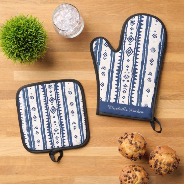 Blue and White, Sashiko pattern Oven Mitt & Pot Holder Set (Top Down)