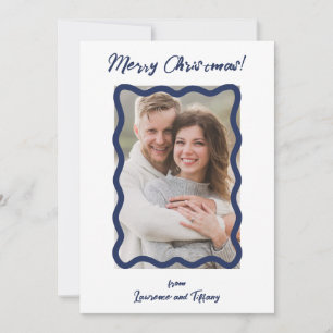 Blue and White Scalloped Wavy Lines Frame Photo Holiday Card