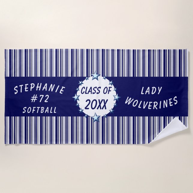 Blue and White School Graduation Personalised Beach Towel (Front)