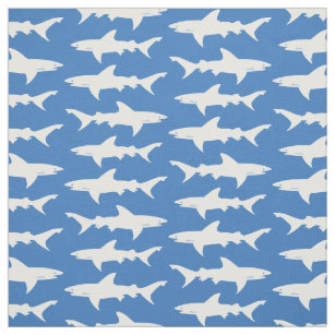 Blue and White School of Sharks Pattern Fabric