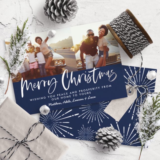 Blue and white script merry Christmas multi photo Foil Holiday Card (Creator Uploaded)