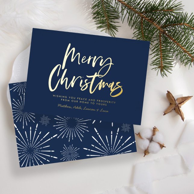 Blue and white script merry Christmas non photo Fo Foil Holiday Card (Creator Uploaded)