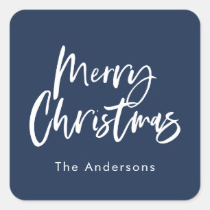 Blue and white script merry Christmas Square Sticker