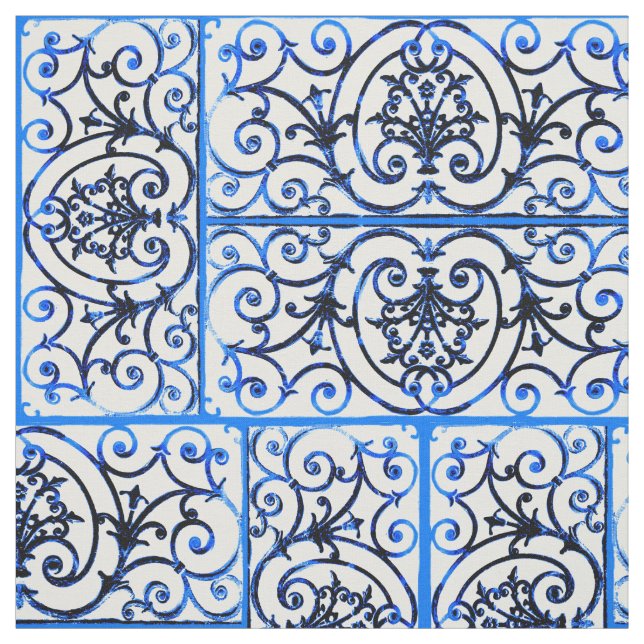 Blue and white scrollwork pattern fabric (Swatch)