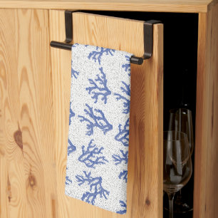 Blue and white sea coral allover print  tea towel
