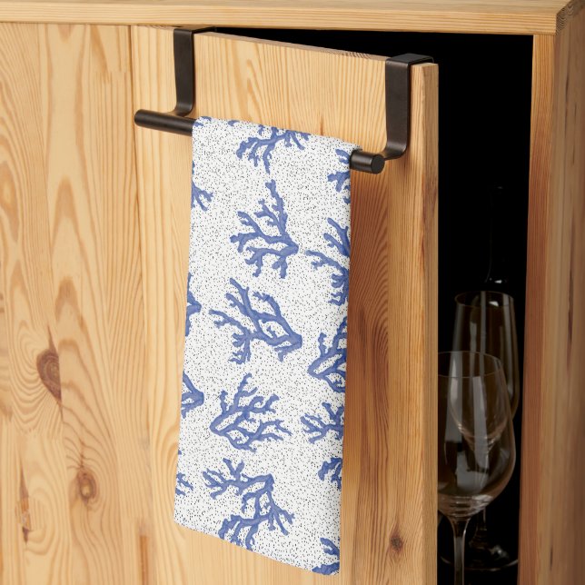 Blue and white sea coral allover print  tea towel (Thirds Fold)