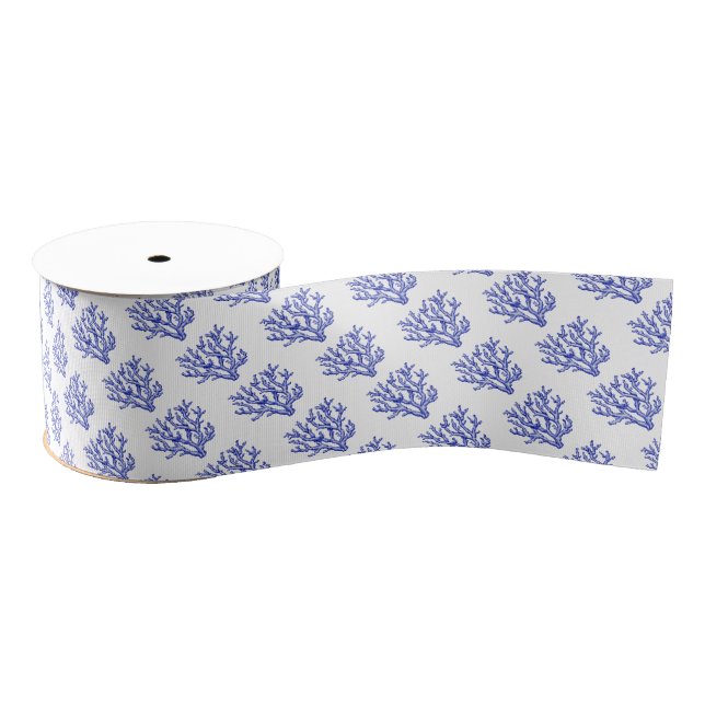 Blue and white sea coral grosgrain ribbon (Spool)