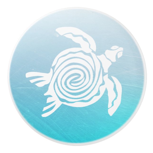 Blue and White Sea Turtle Tropical Ceramic Knob (Front)