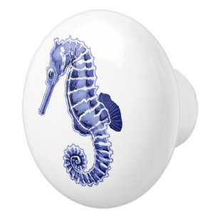 Blue and white seahorse ceramic knob