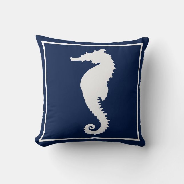 Blue and White Seahorse Coastal Nautical Beach Cushion (Front)