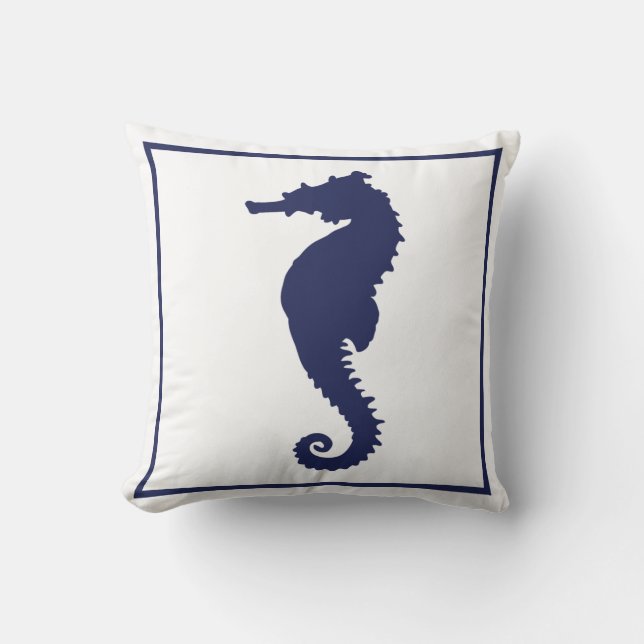 Blue and White Seahorse Coastal Nautical Beach Thr Cushion (Front)