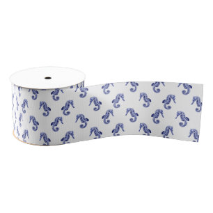 Blue and white seahorse print grosgrain ribbon