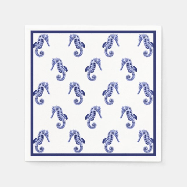 Blue and white seahorse print napkin (Front)