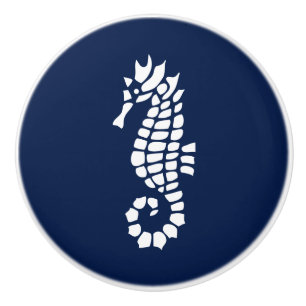 Blue and White Seahorse Sea Animal Coastal Ceramic Knob