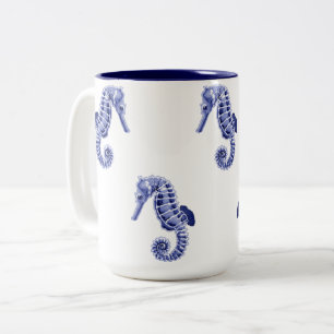 Blue and white seahorses Two-Tone coffee mug