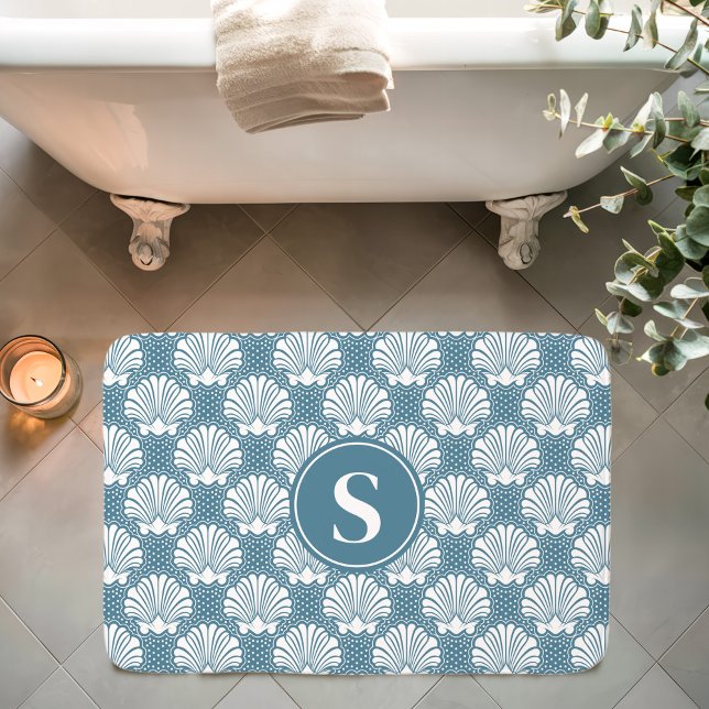 Blue and White Seashell Coastal Monogram Bath Mat (Creator Uploaded)
