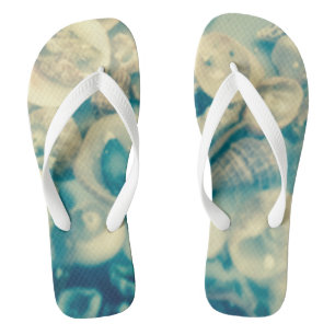 Blue and White Seashell Flip Flops