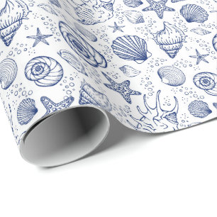 Blue and White Seashell Gift Wrapping Paper