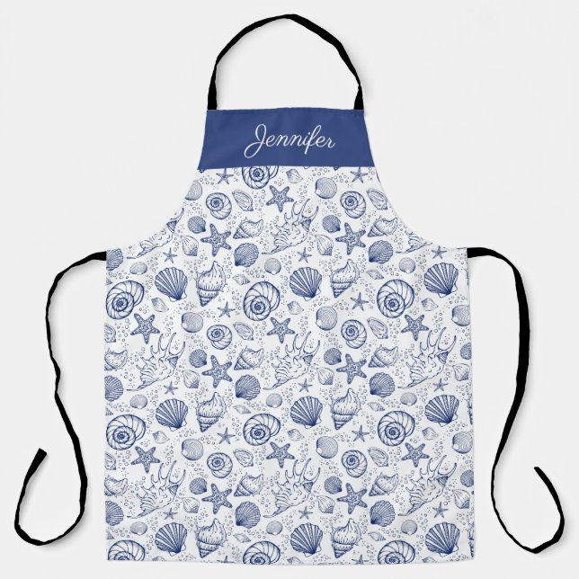 Blue and White Seashell Starfish Apron Custom (Front)