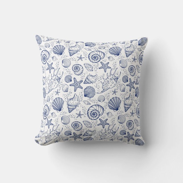 Blue and White Seashell Starfish Pillow Nautical (Front)