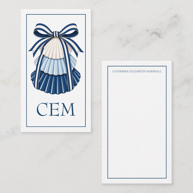 Blue and White Seashells and Ribbons Monogram Card (Front/Back)