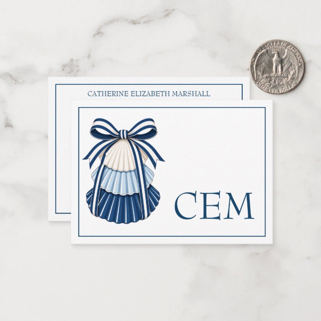 Blue and White Seashells and Ribbons Monogram Card (Front/Back In Situ)