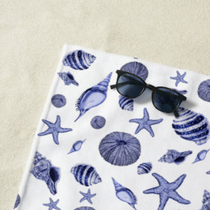 Blue and white seashells beach towel
