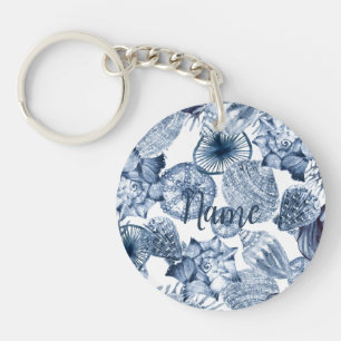 Blue and White Seashells Coastal Design Key Ring