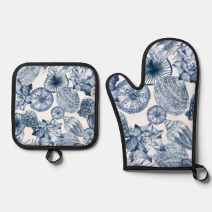 Blue and White Seashells Coastal Design Oven Mitt & Pot Holder Set