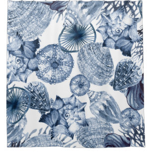 Blue and White Seashells Coastal Design Shower Curtain