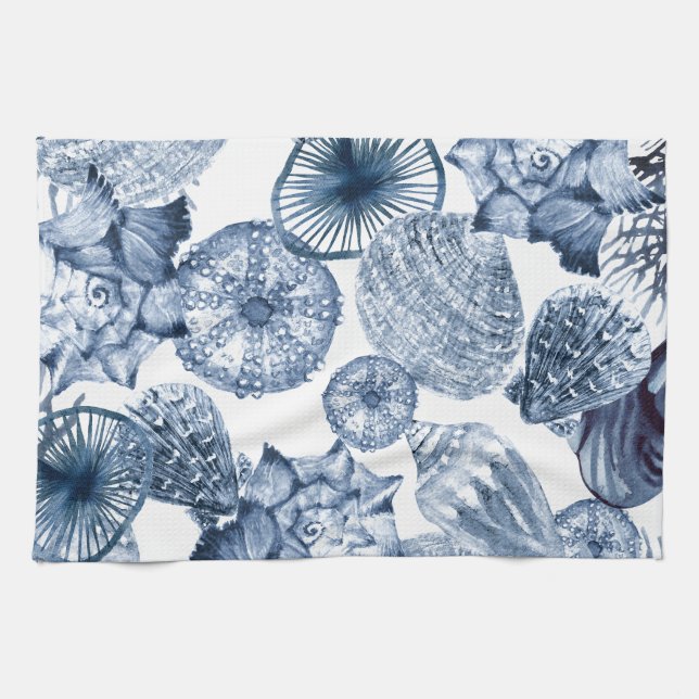 Blue and White Seashells Coastal Design Tea Towel (Horizontal)